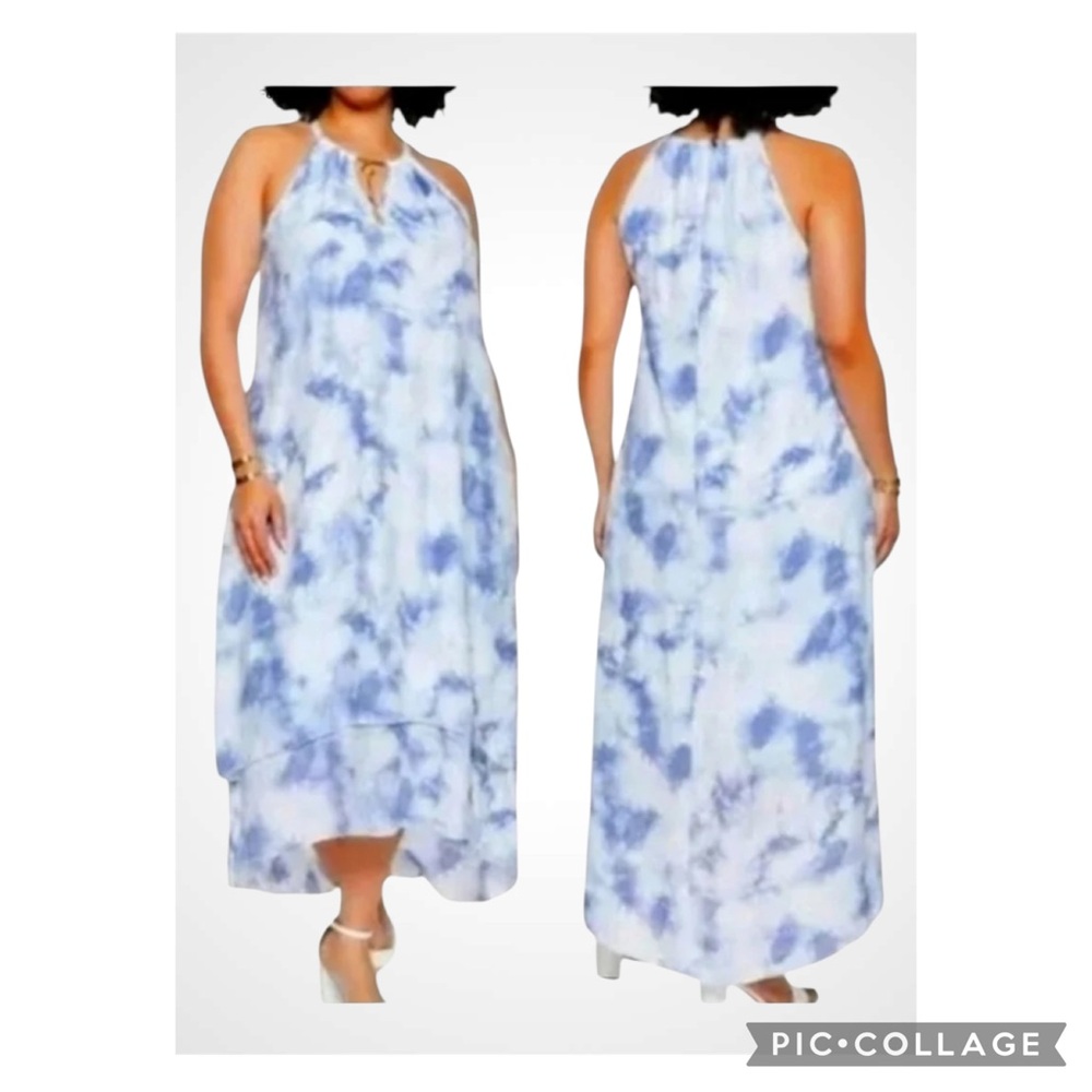 Mlle Gabrielle Blue and White Tie Dye Halter High Low Dress Large
